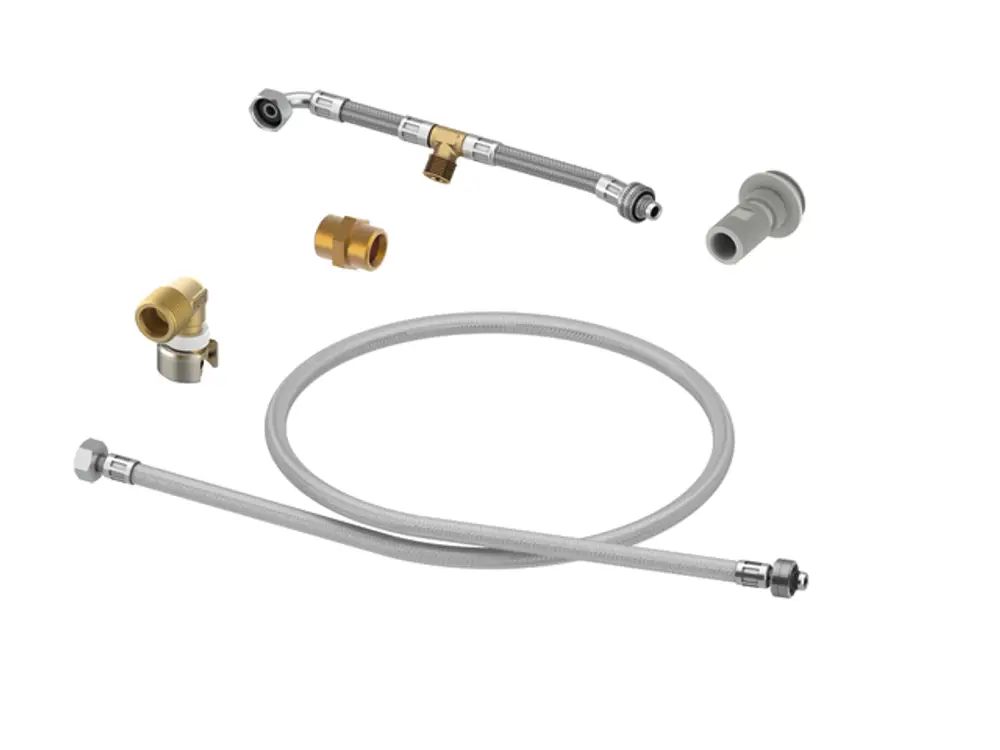 TECE-Bauteile für die Installation eines Dusch-WC-Moduls, bestehend aus verschiedenen Fittings und Schlauchverbindungen in silberner und grauer Ausführung.